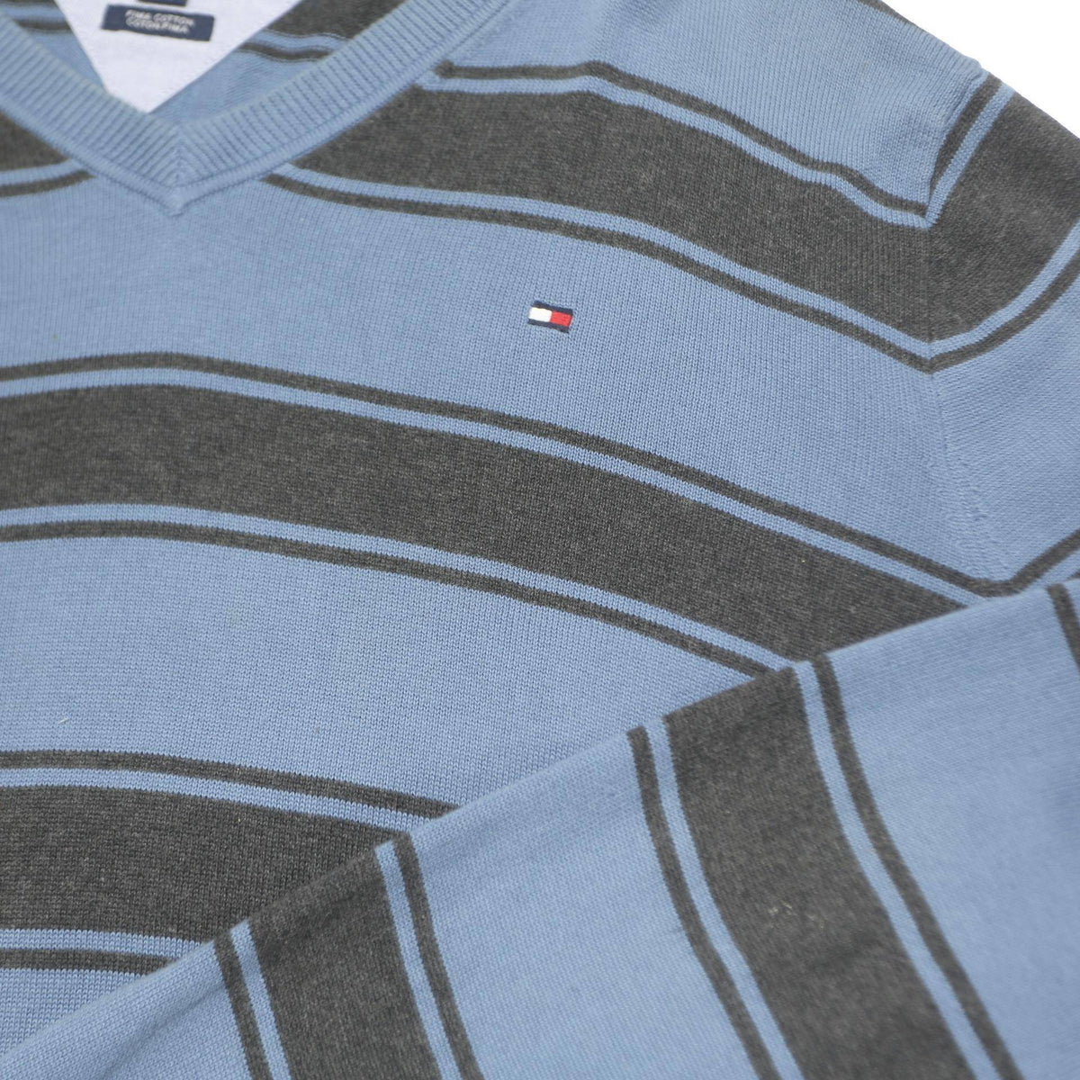 TOMMY HILFIGER Mens Blue & Grey Patterned V Neck Basic Knit Jumper L Cotton