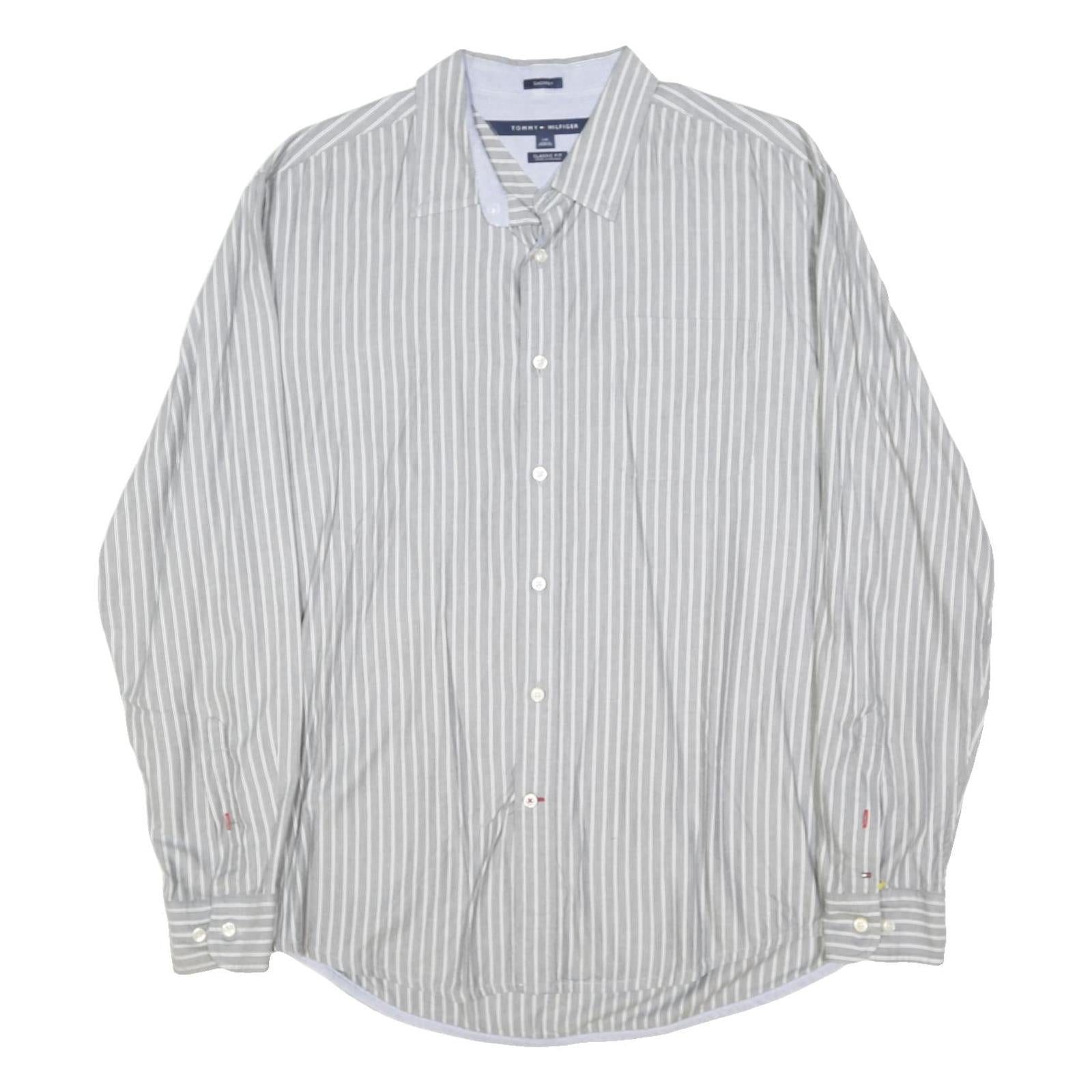 TOMMY HILFIGER Mens Grey & White Striped Shirt L Classic Fit Button Down Collar