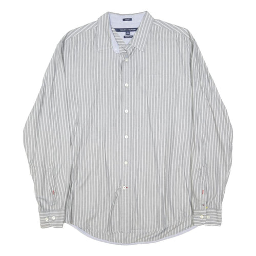 TOMMY HILFIGER Mens Grey & White Striped Shirt L Classic Fit Button Down Collar