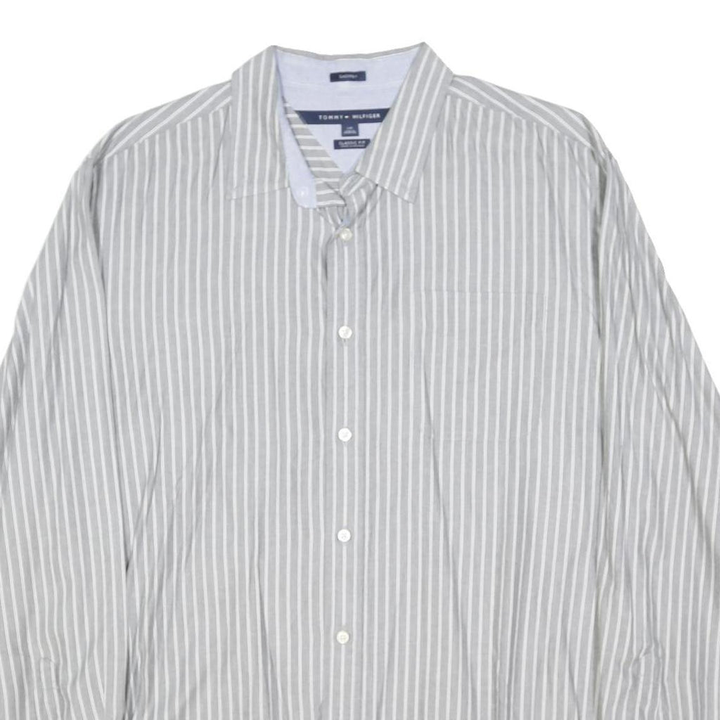 TOMMY HILFIGER Mens Grey & White Striped Shirt L Classic Fit Button Down Collar