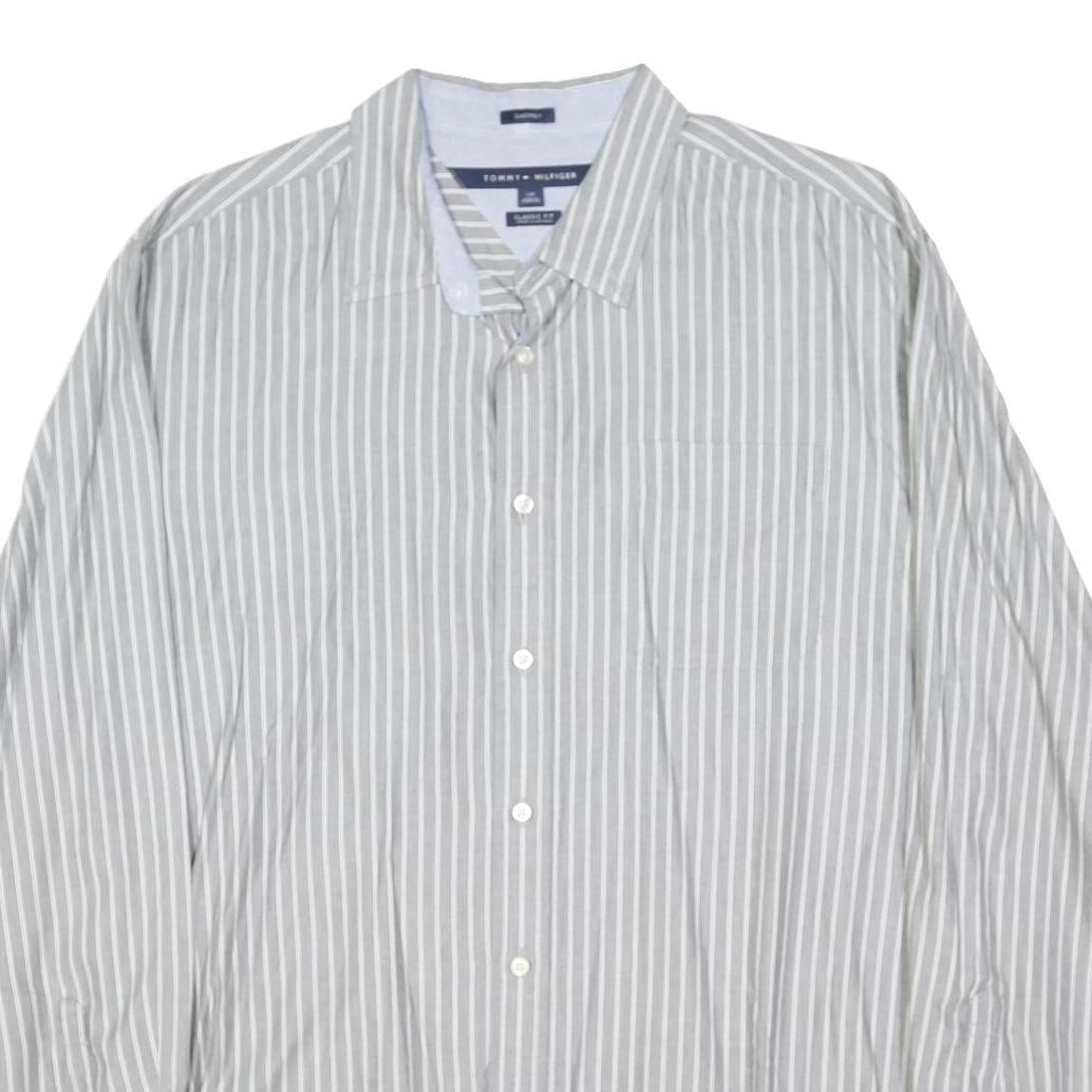TOMMY HILFIGER Mens Grey & White Striped Shirt L Classic Fit Button Down Collar