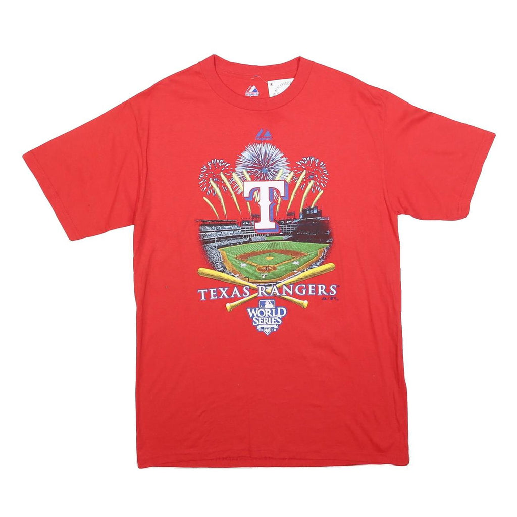 MAJESTIC Mens Red Texas Rangers Graphic T-Shirt M Short Sleeve Crew Neck World