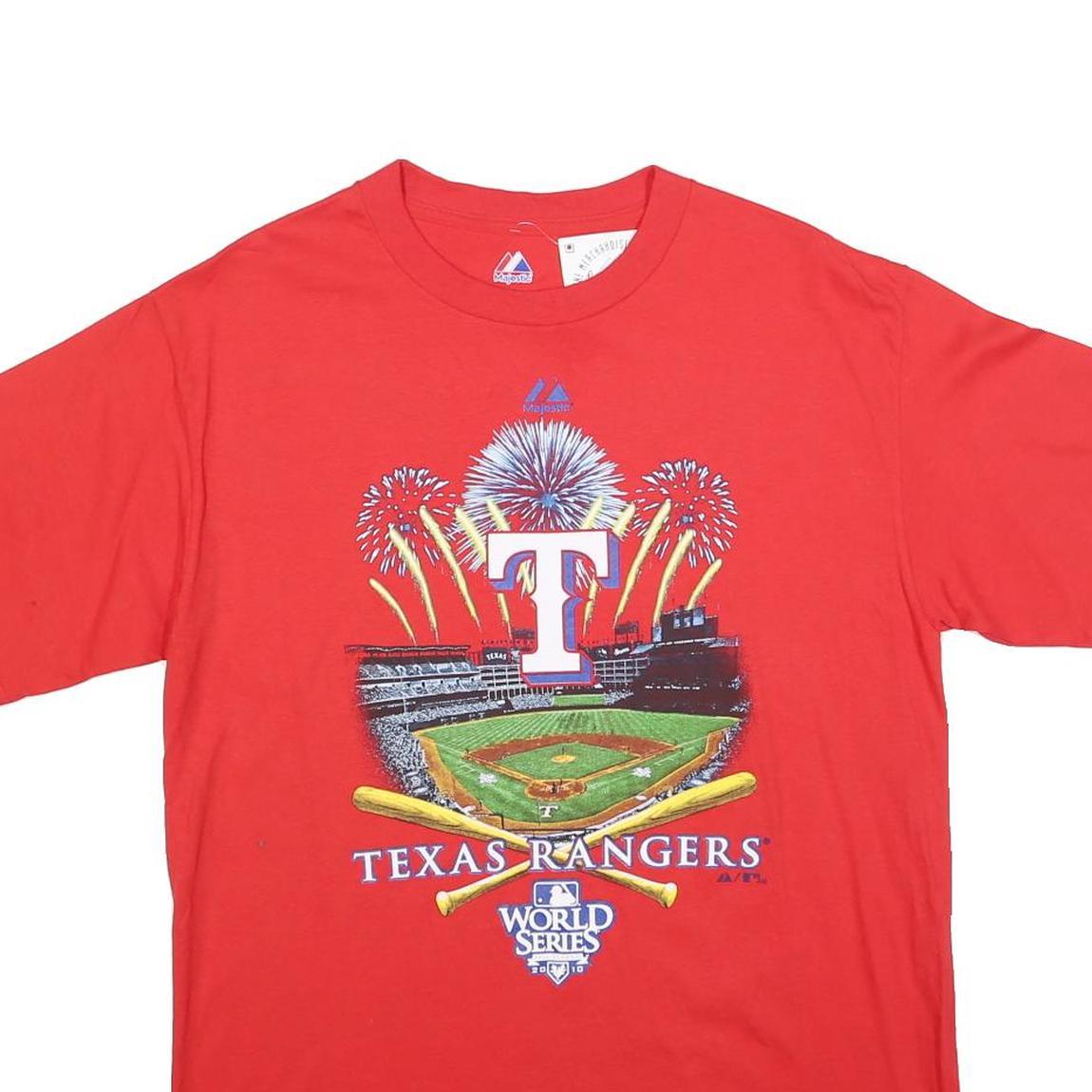 MAJESTIC Mens Red Texas Rangers Graphic T-Shirt M Short Sleeve Crew Neck World