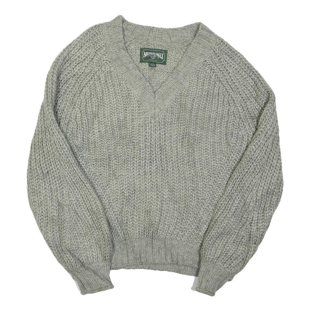 AMERICAN EAGLE Womens Grey Pullover Plain V-Neck Chunky Knit Jumper M Casual