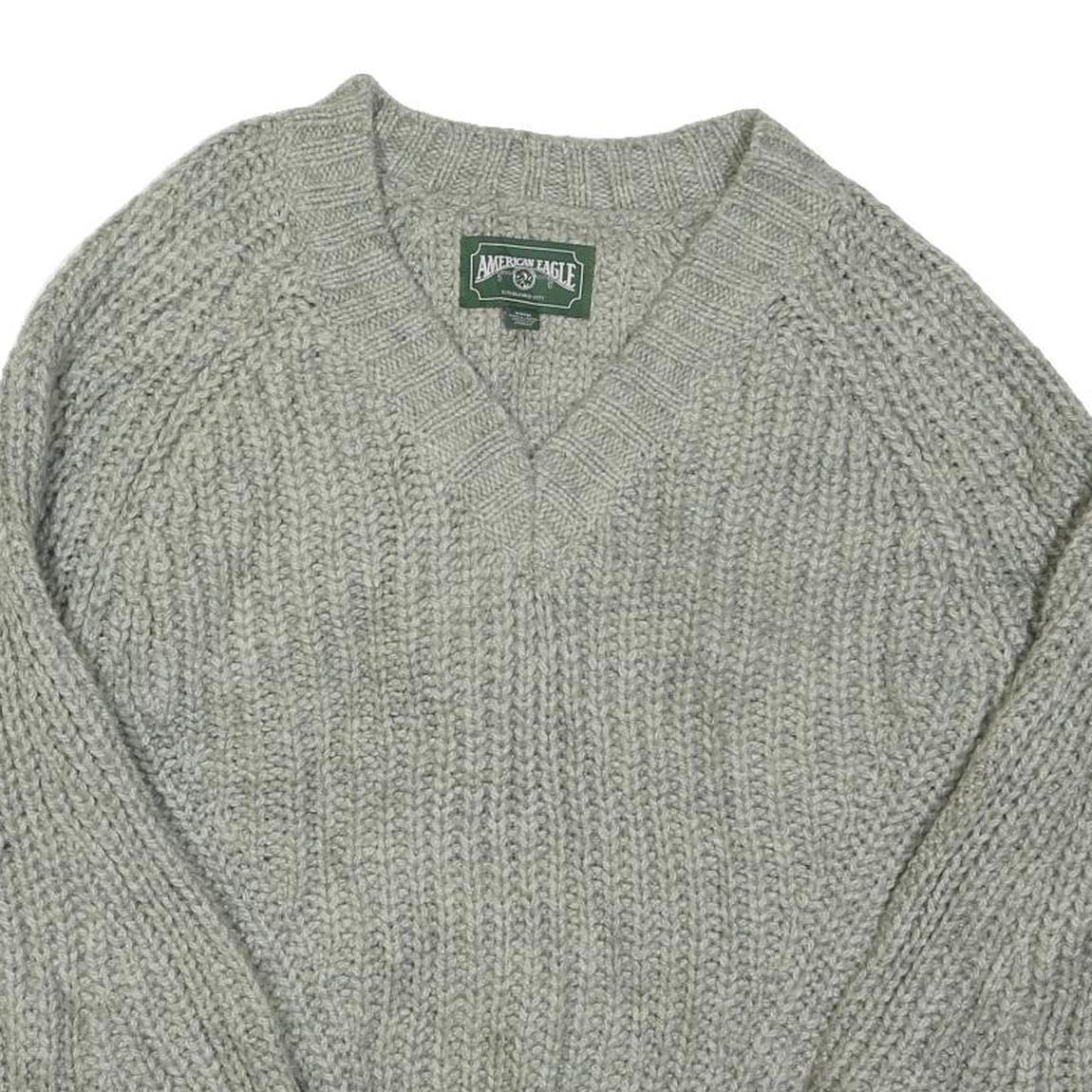 AMERICAN EAGLE Womens Grey Pullover Plain V-Neck Chunky Knit Jumper M Casual