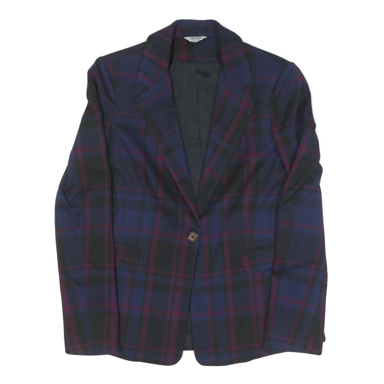 Womens Blue & Burgundy Check Jacket S Wool Blend Button Closure Classic Fit