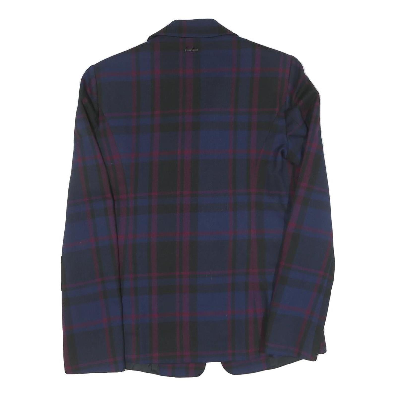 Womens Blue & Burgundy Check Jacket S Wool Blend Button Closure Classic Fit
