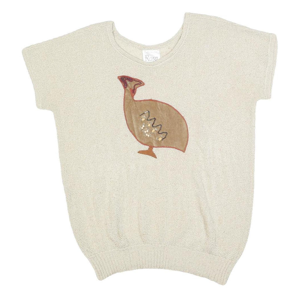 ROSA Womens Cream Patterned Jumper Scoop Neck Basic Knit M Embellished Bird