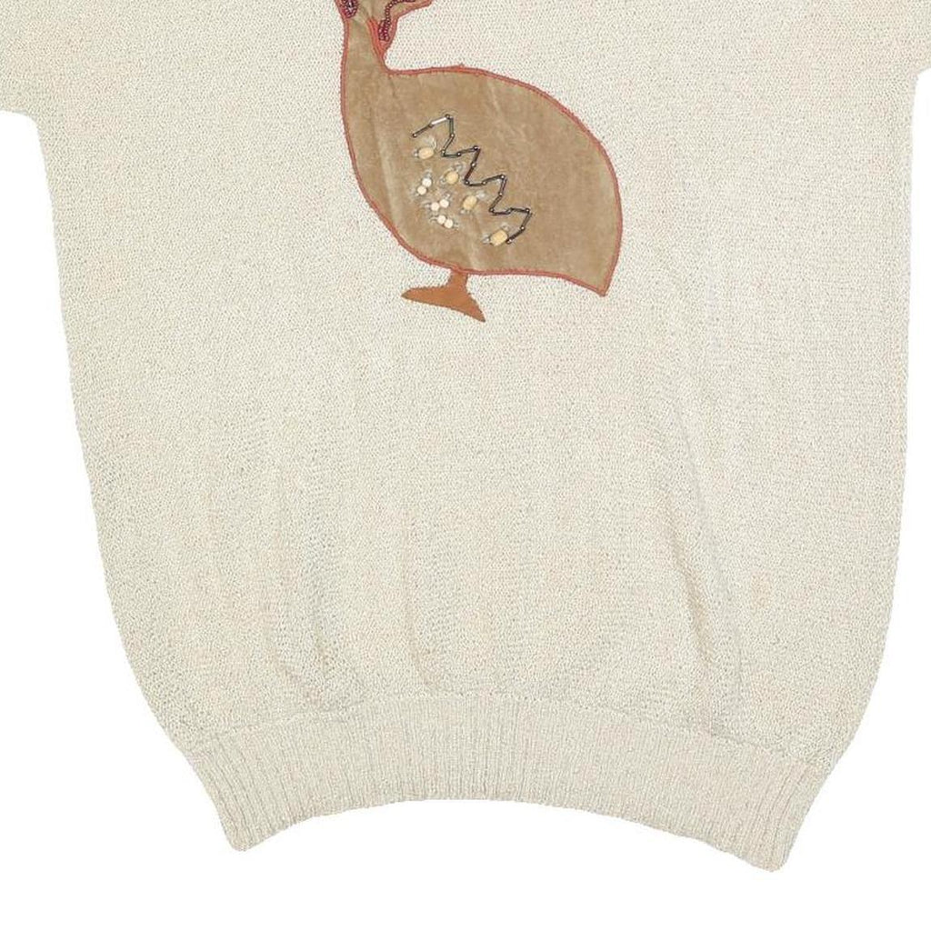 ROSA Womens Cream Patterned Jumper Scoop Neck Basic Knit M Embellished Bird