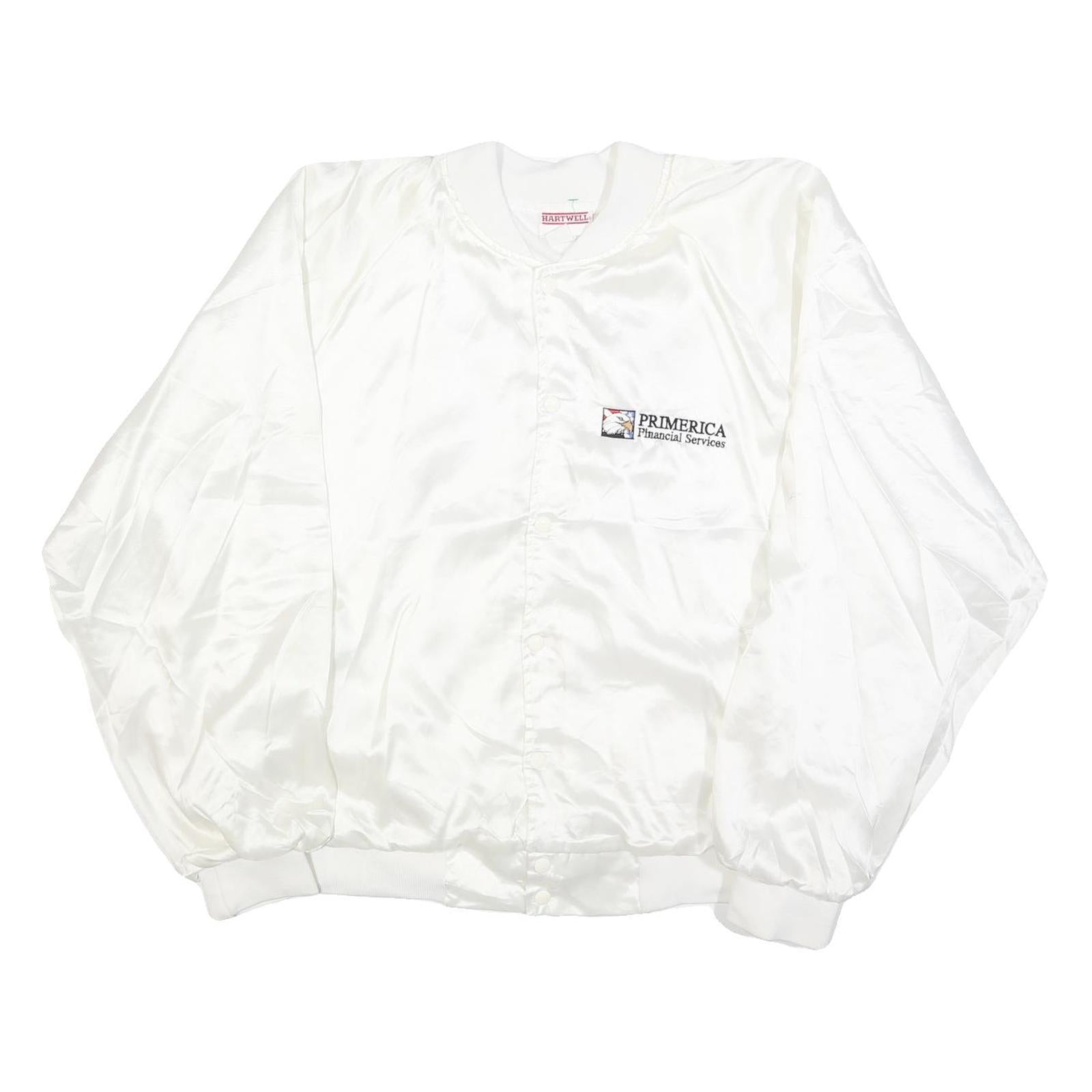 HARTWELL Mens White Satin Bomber XL Polyester Printed Logo Button Jacket