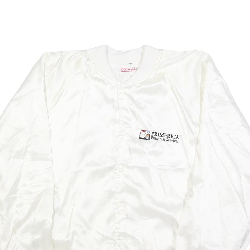 HARTWELL Mens White Satin Bomber XL Polyester Printed Logo Button Jacket