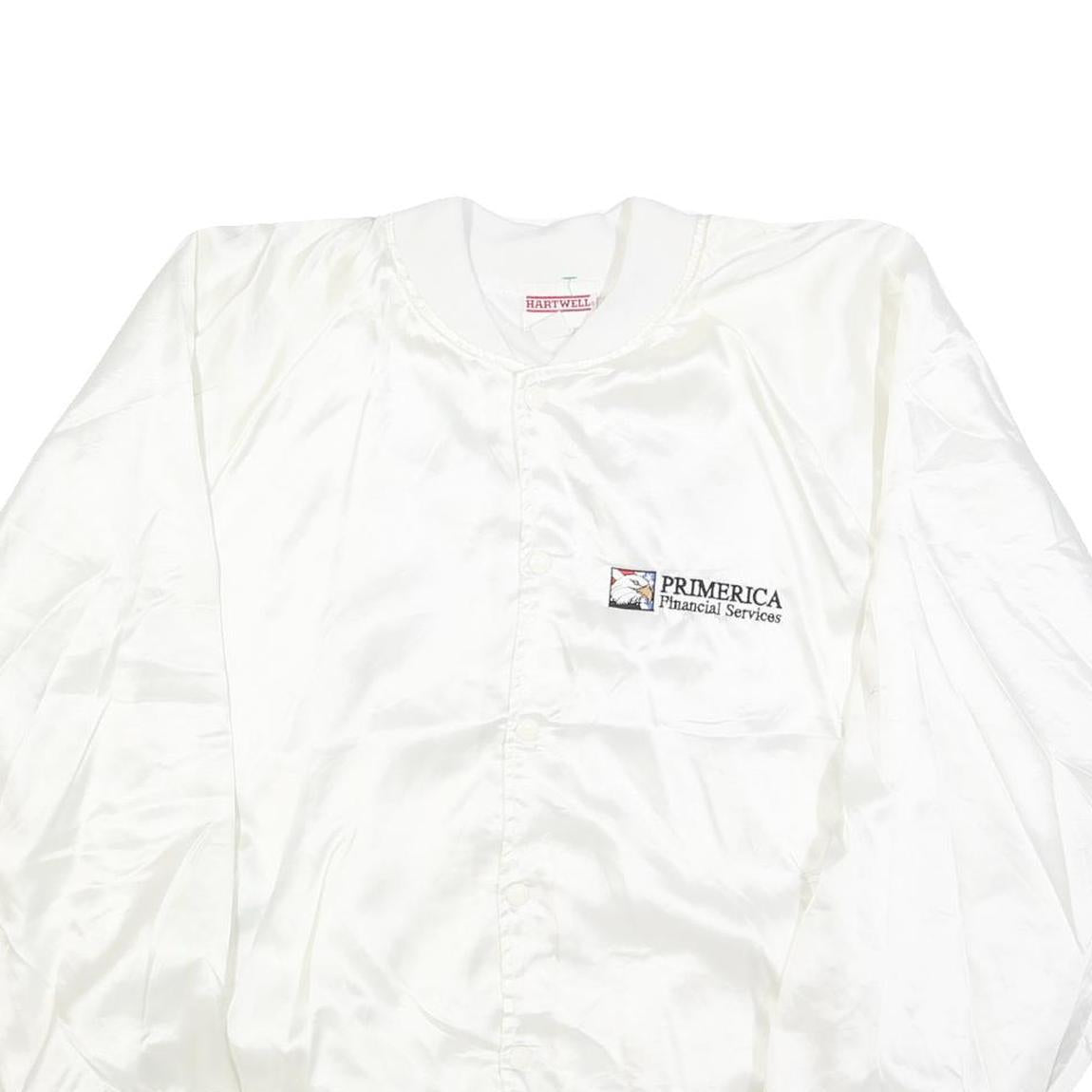 HARTWELL Mens White Satin Bomber XL Polyester Printed Logo Button Jacket
