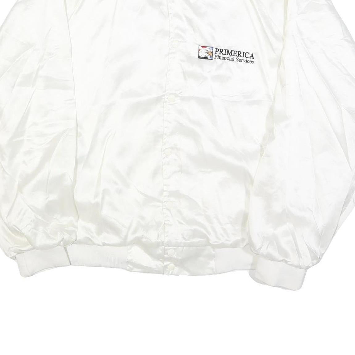 HARTWELL Mens White Satin Bomber XL Polyester Printed Logo Button Jacket
