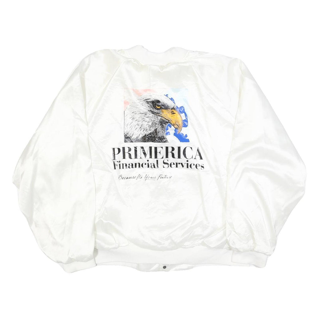 HARTWELL Mens White Satin Bomber XL Polyester Printed Logo Button Jacket