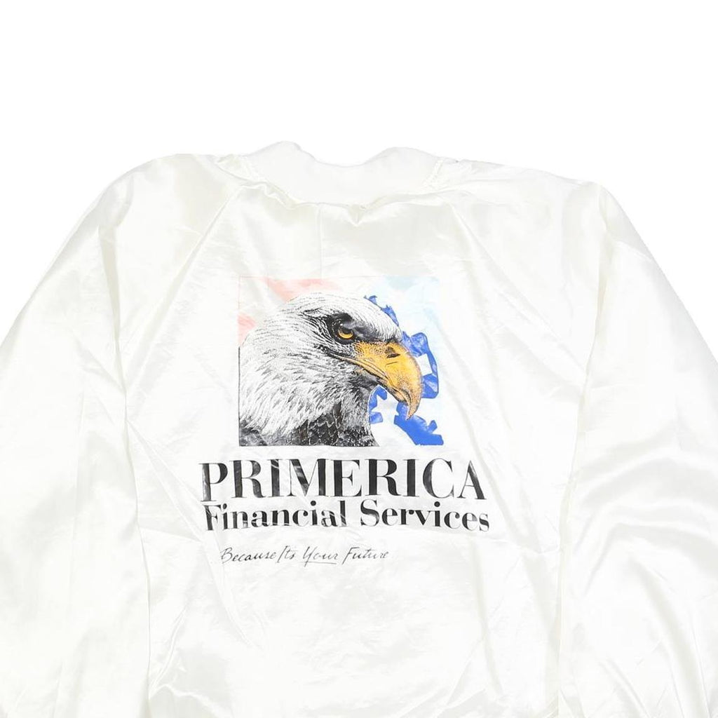 HARTWELL Mens White Satin Bomber XL Polyester Printed Logo Button Jacket