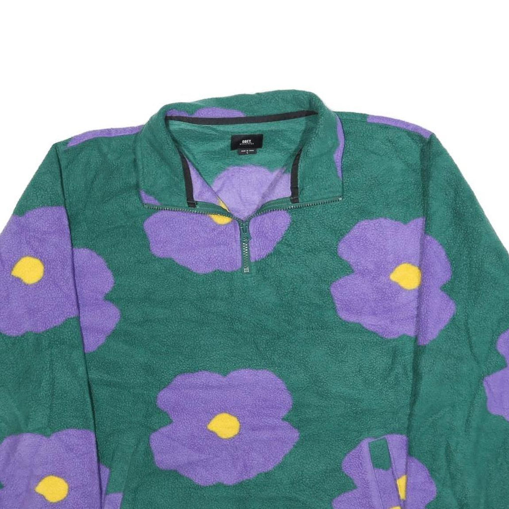 OBEY Womens Green & Purple Floral Patterned Fleece Pullover Crew Neck L Jumper