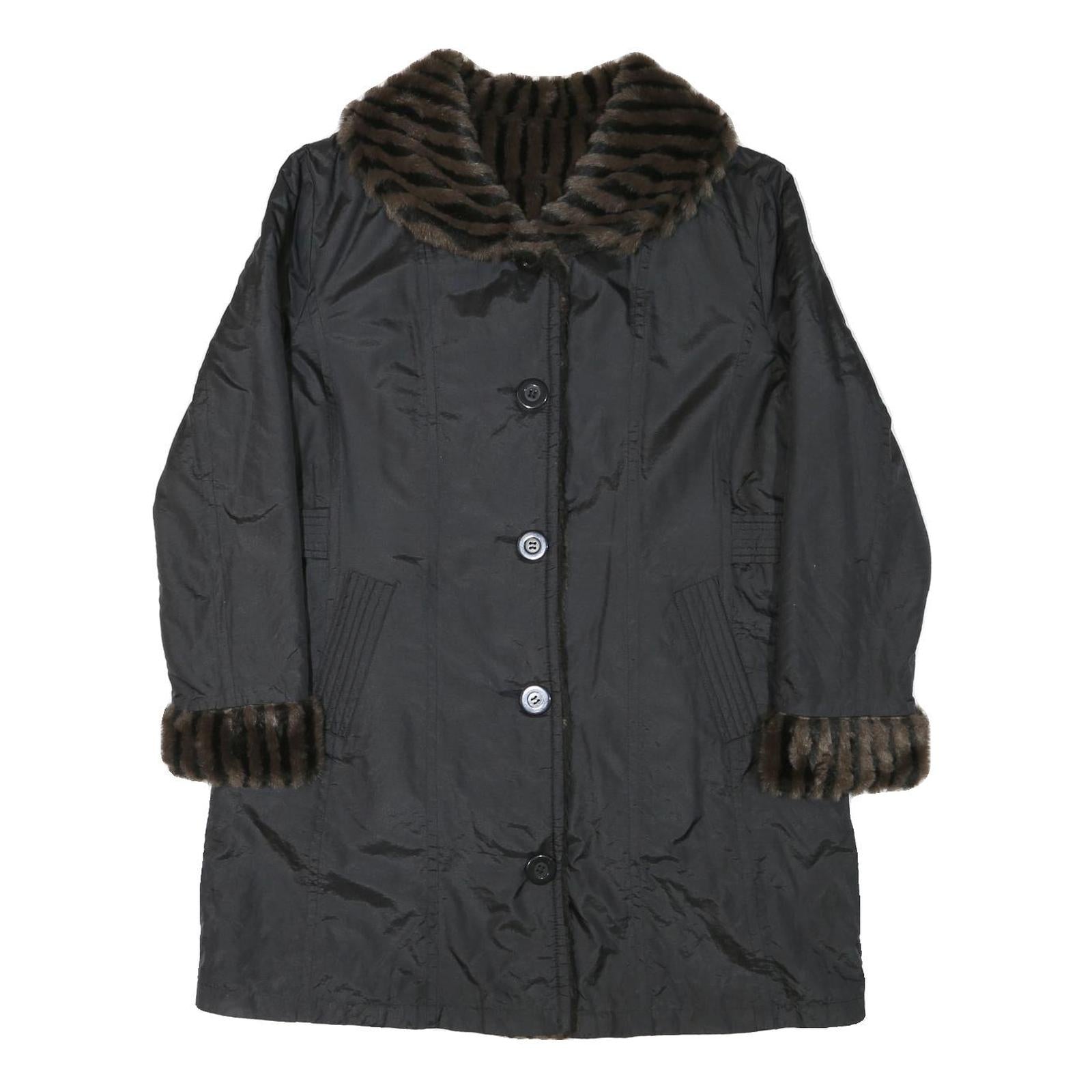 Womens Black Reversible Faux Fur Collar Button Jacket M Polyester Blend Classic