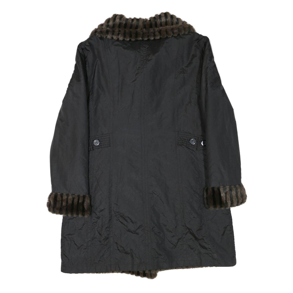 Womens Black Reversible Faux Fur Collar Button Jacket M Polyester Blend Classic