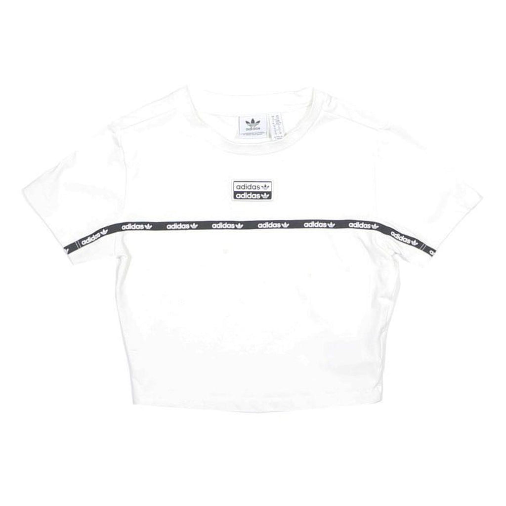 ADIDAS Womens White & Black Graphic Crop T-Shirt UK 6 Short Sleeve Crew Neck