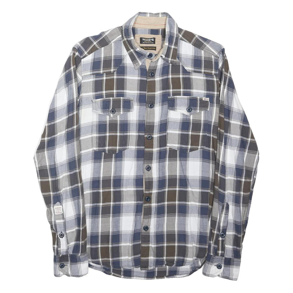 JACK & JONES Mens Blue Brown Check Shirt M Cotton Blend Long Sleeve Button Front