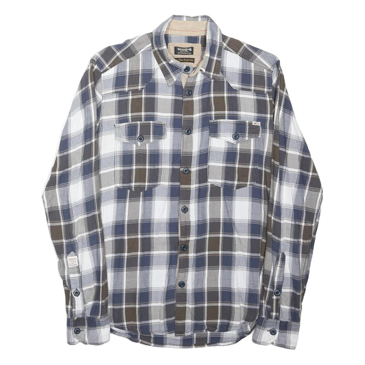 JACK & JONES Mens Blue Brown Check Shirt M Cotton Blend Long Sleeve Button Front