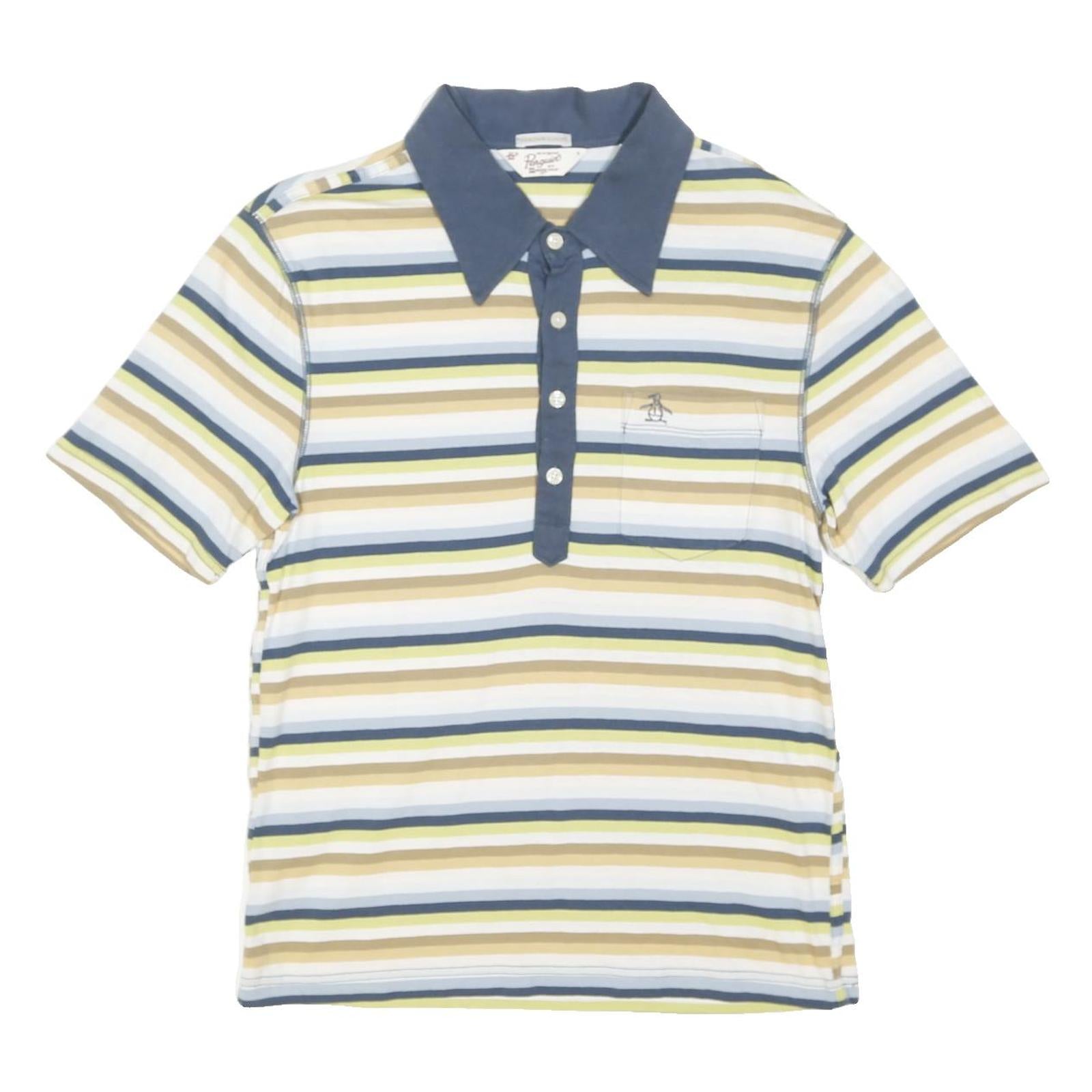 ORIGINAL PENGUIN Mens Blue & Beige Striped Short Sleeve Polo Shirt S Cotton