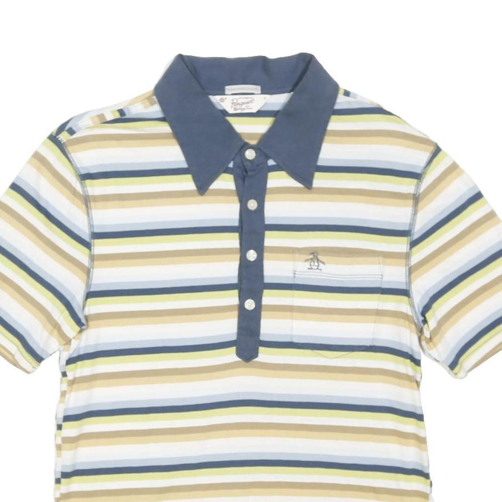 ORIGINAL PENGUIN Mens Blue & Beige Striped Short Sleeve Polo Shirt S Cotton