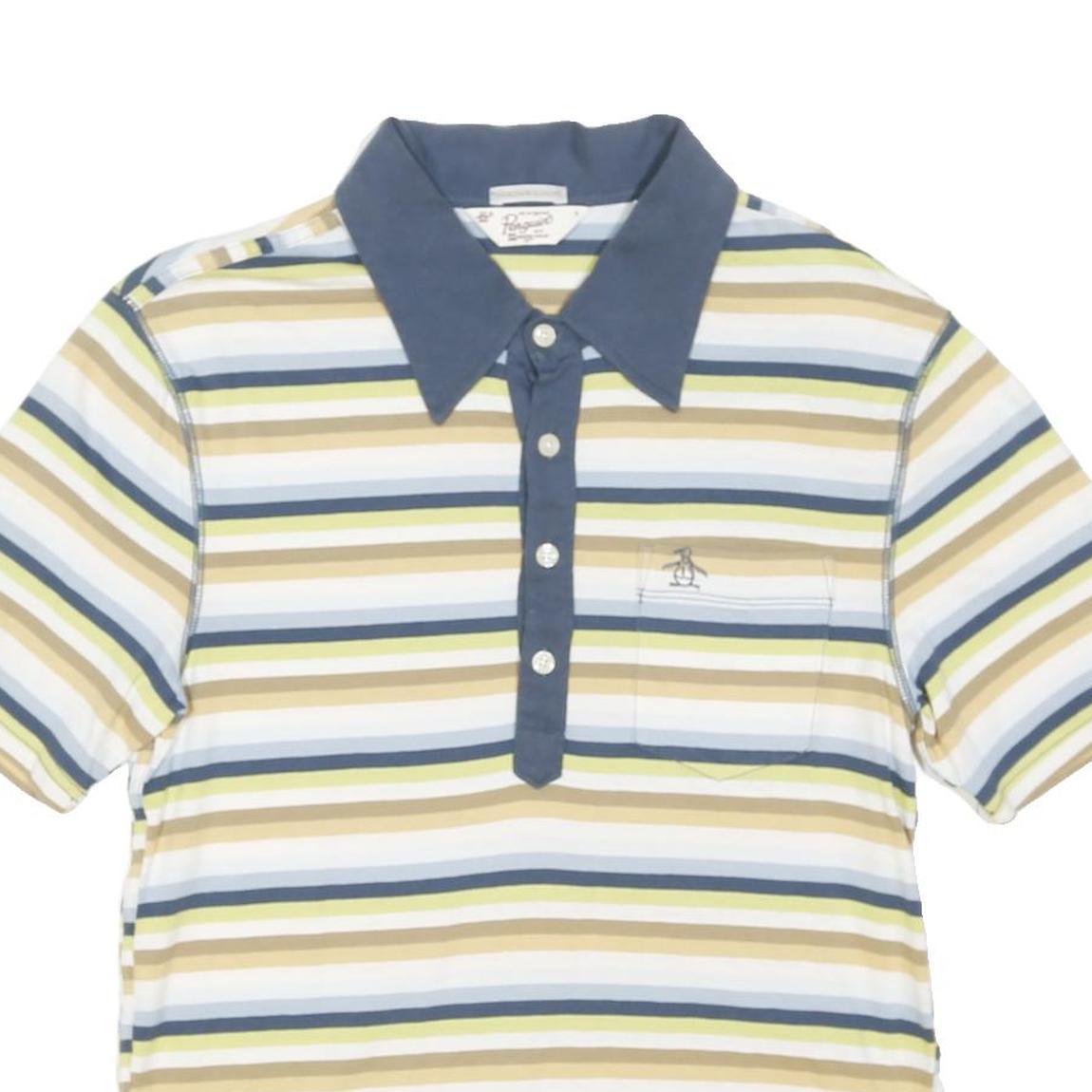 ORIGINAL PENGUIN Mens Blue & Beige Striped Short Sleeve Polo Shirt S Cotton