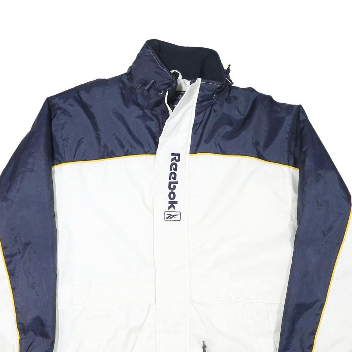 REEBOK Mens White & Navy Blue Zip Jacket S Polyester Blend Sportswear Casual