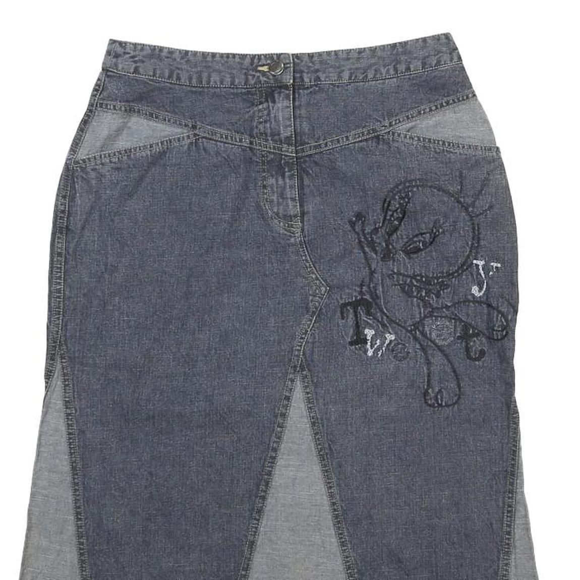 LOONEY TUNES Womens Blue & Grey Denim Panelled Midi Cotton Skirt L Character