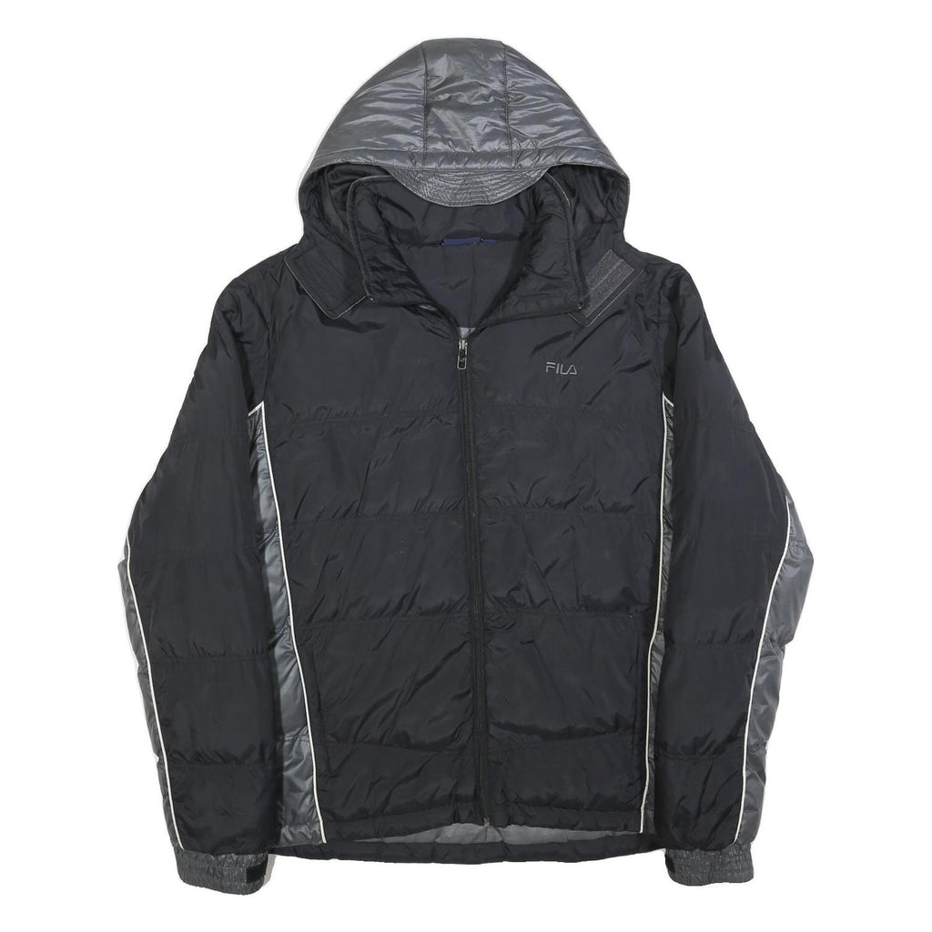 FILA Mens Black & Grey Puffer Jacket XL Polyester Zip Hooded Plain Sportswear