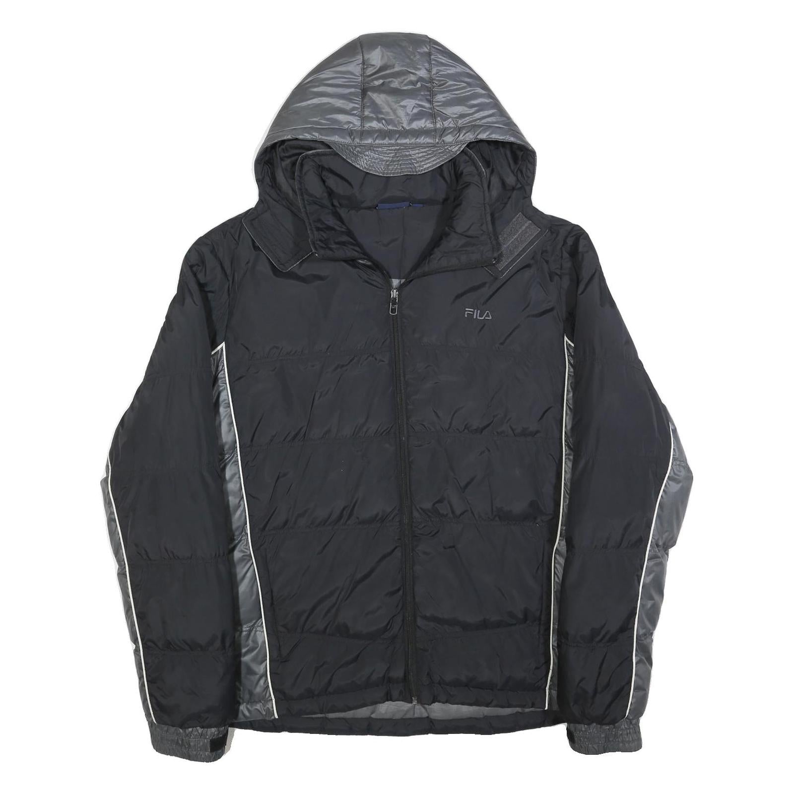 FILA Mens Black & Grey Puffer Jacket XL Polyester Zip Hooded Plain Sportswear