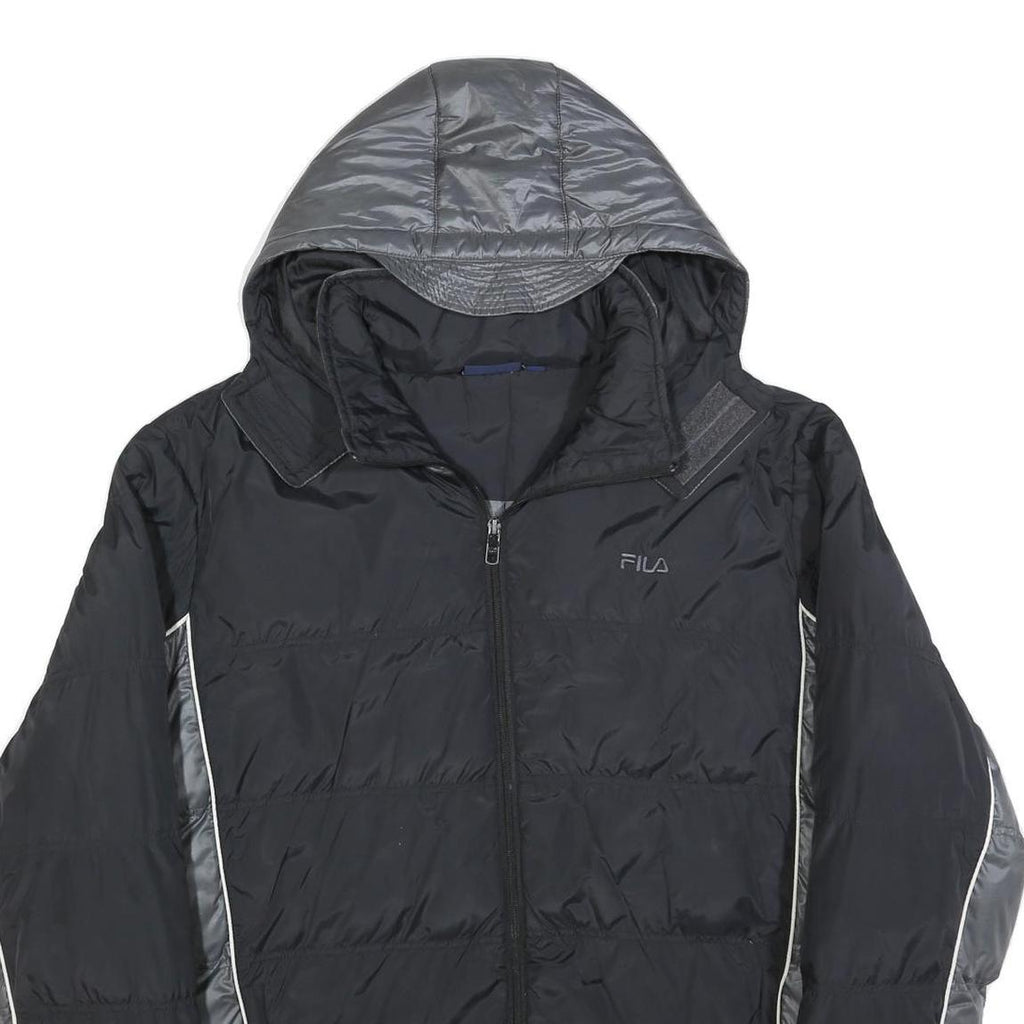 FILA Mens Black & Grey Puffer Jacket XL Polyester Zip Hooded Plain Sportswear