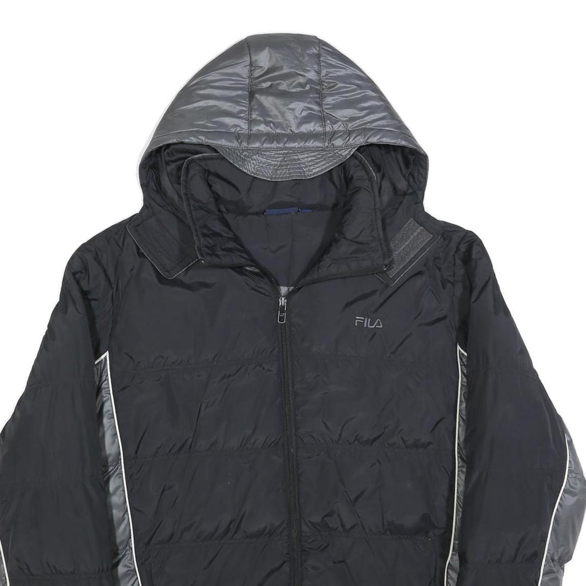 FILA Mens Black & Grey Puffer Jacket XL Polyester Zip Hooded Plain Sportswear