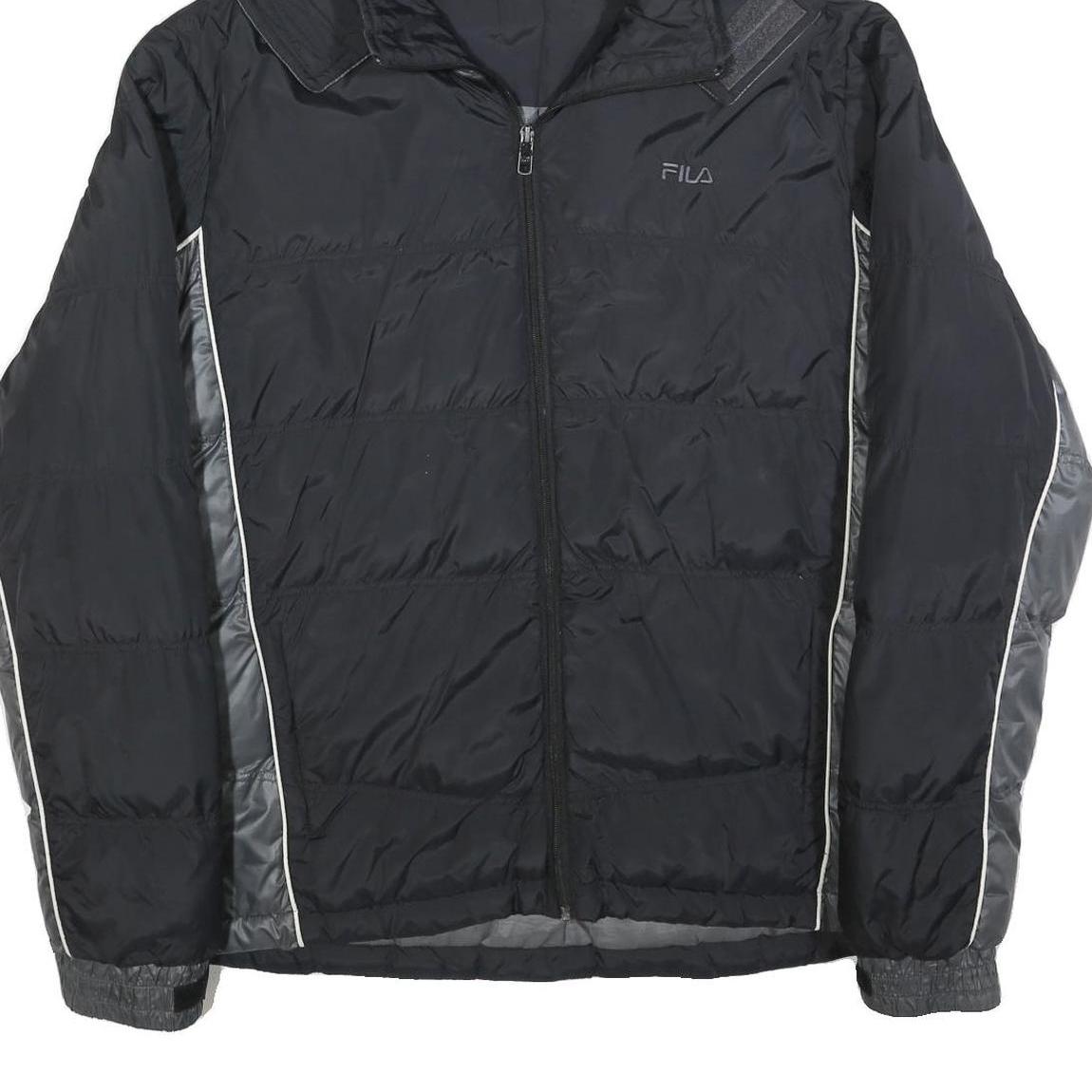 FILA Mens Black & Grey Puffer Jacket XL Polyester Zip Hooded Plain Sportswear