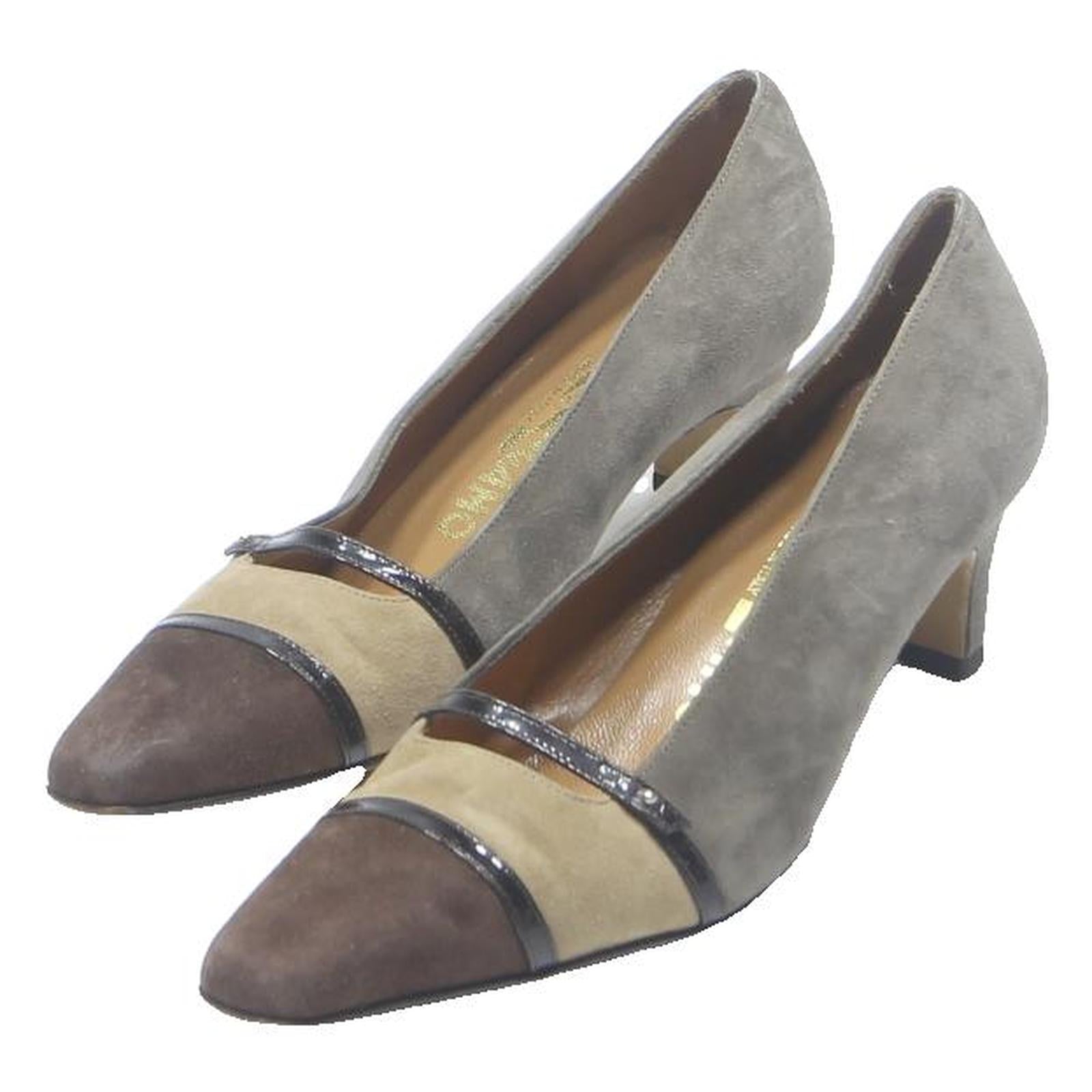 SALVATORE FERRAGAMO Womens Kitten Heel Pumps Suede Brown Tan Grey UK 5.5 Elegant