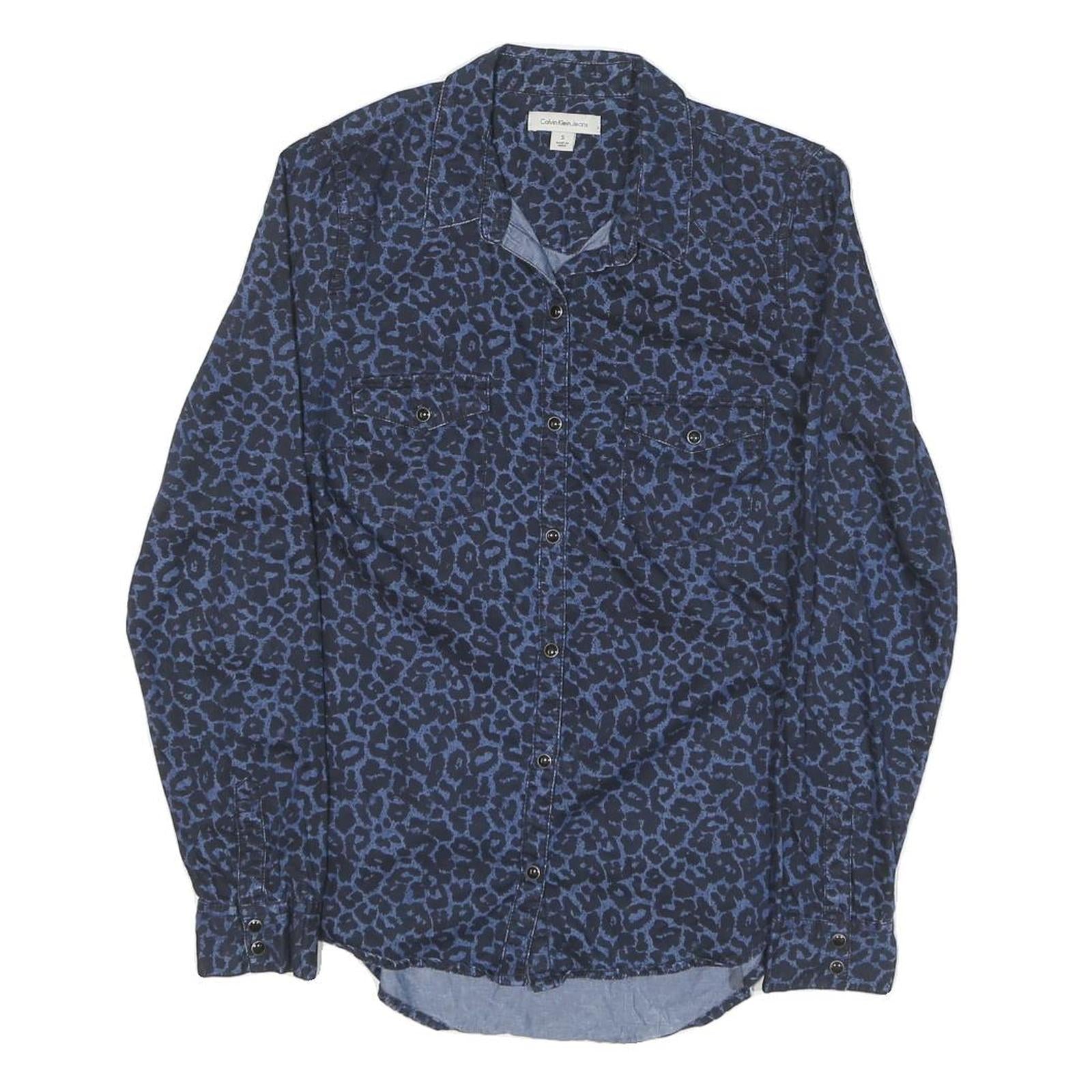 CALVIN KLEIN JEANS Womens Blue Leopard Print Shirt S Cotton Blend