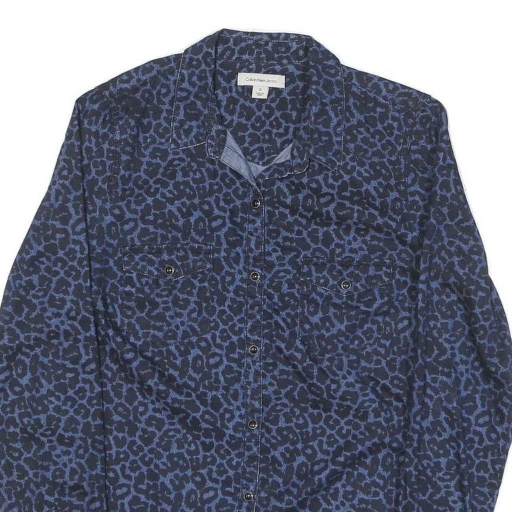 CALVIN KLEIN JEANS Womens Blue Leopard Print Shirt S Cotton Blend