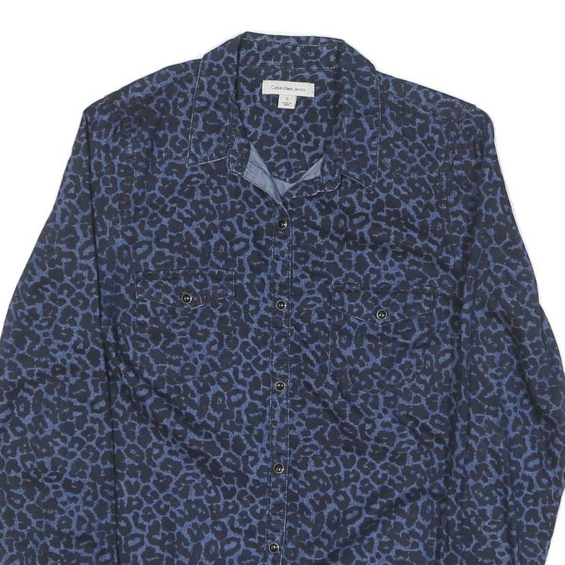 CALVIN KLEIN JEANS Womens Blue Leopard Print Shirt S Cotton Blend