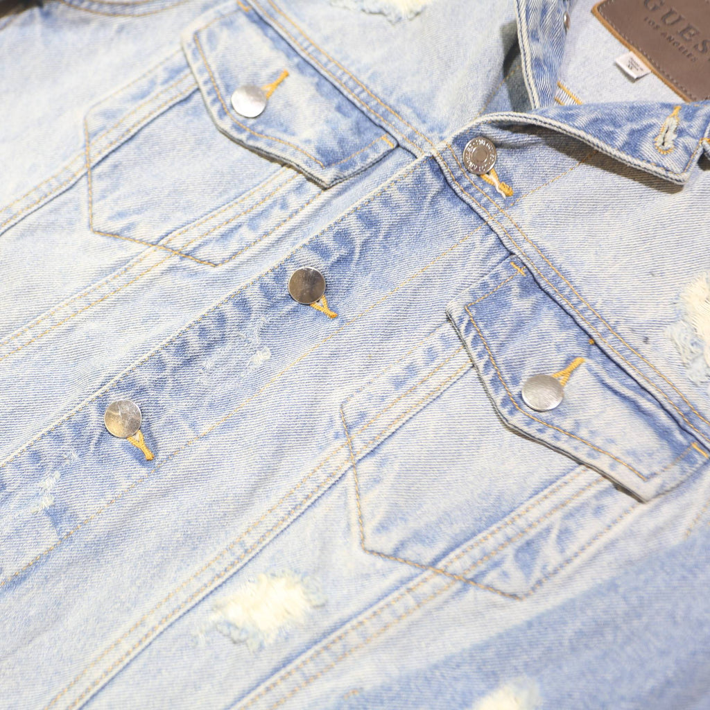 GUESS Mens Blue Denim Distressed Button Jacket XS Cotton Plain Casual USA