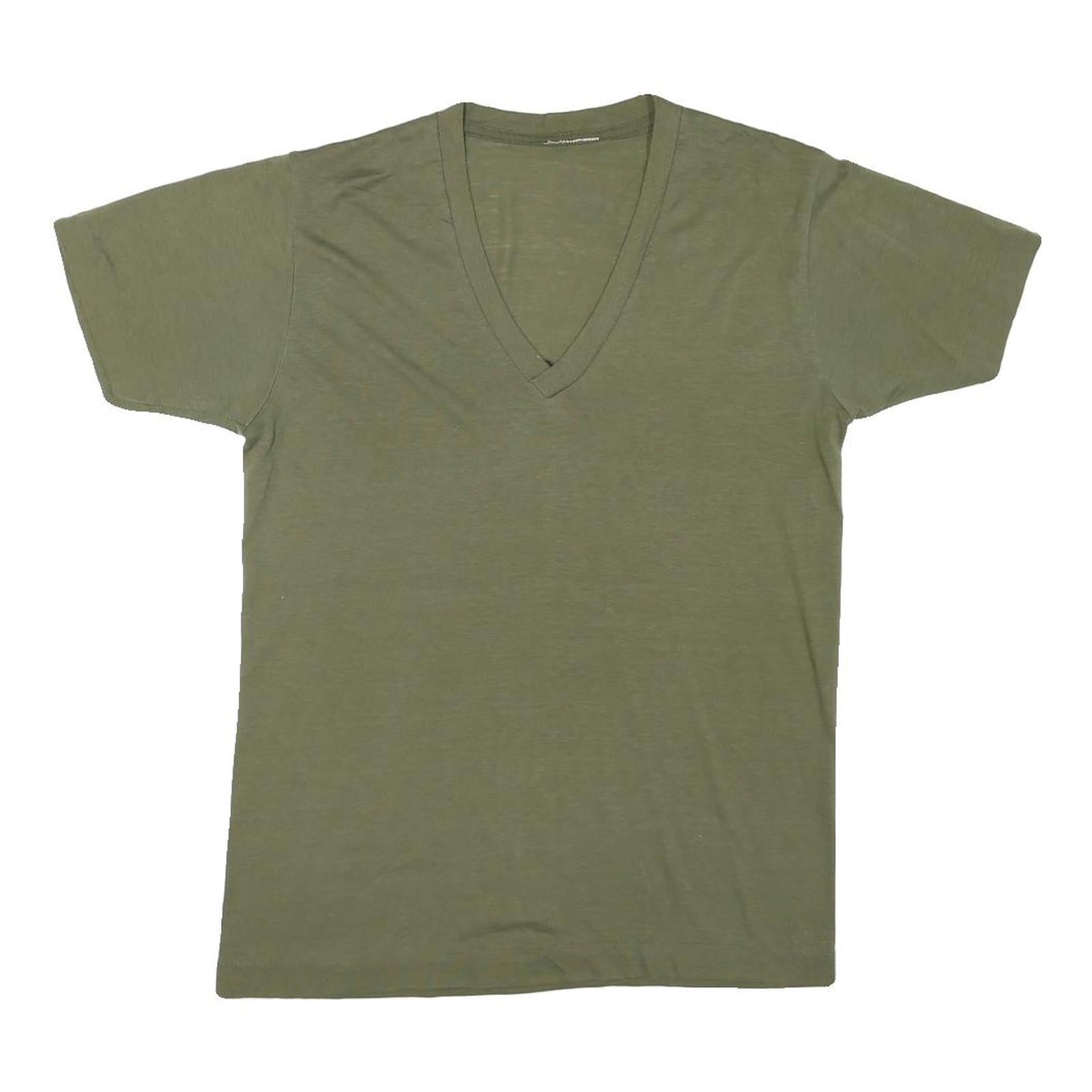 Mens Green V-Neck Plain Cotton Blend T-Shirt S Short Sleeve Casual