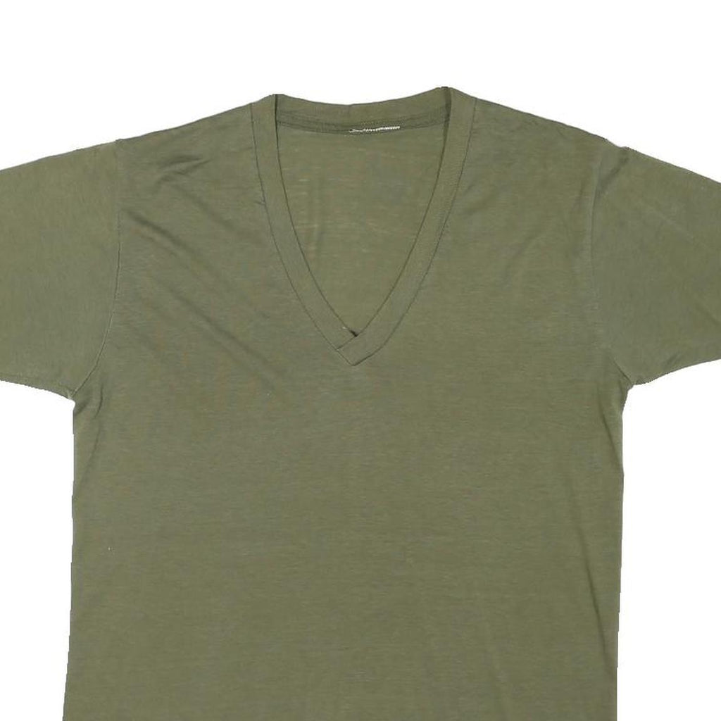 Mens Green V-Neck Plain Cotton Blend T-Shirt S Short Sleeve Casual