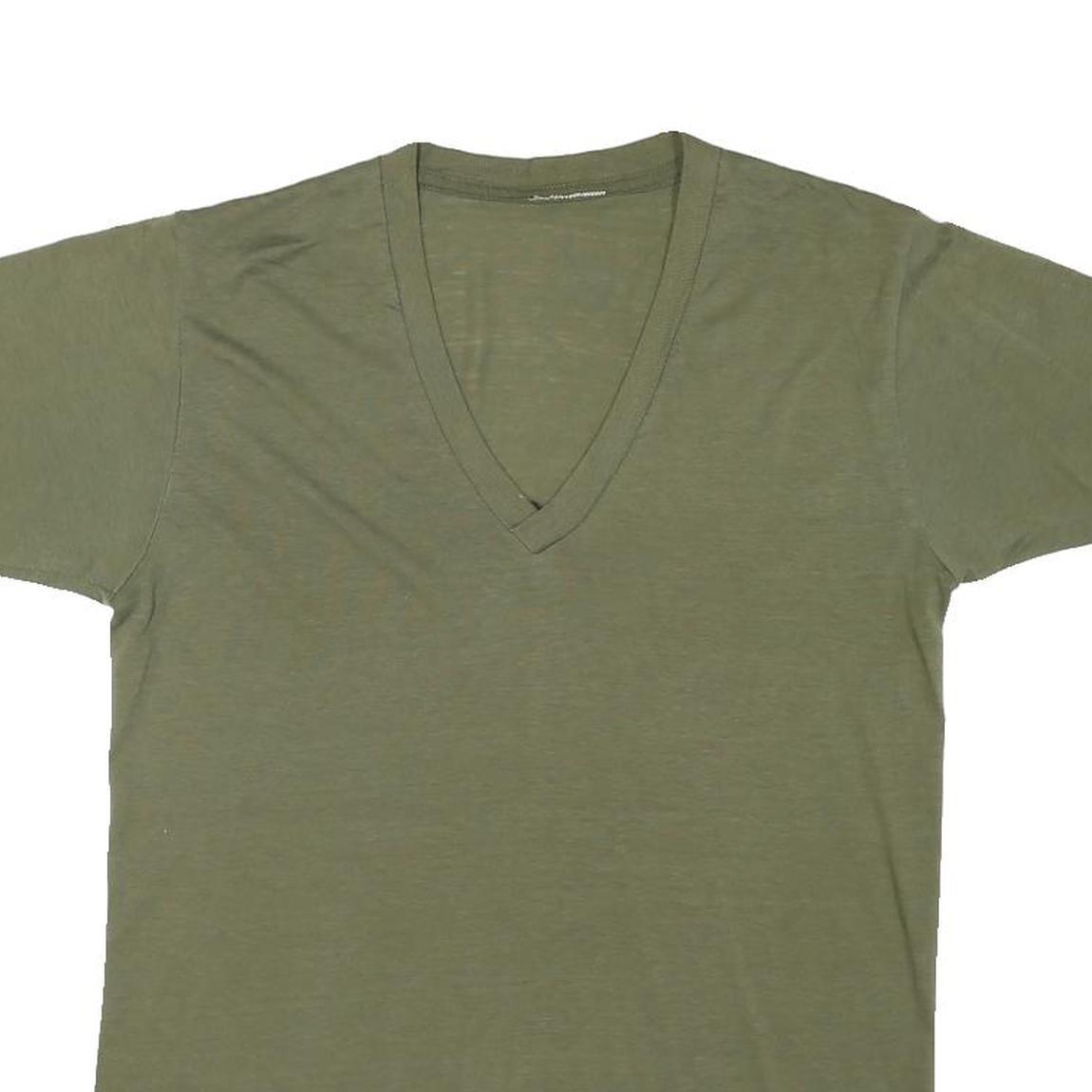 Mens Green V-Neck Plain Cotton Blend T-Shirt S Short Sleeve Casual