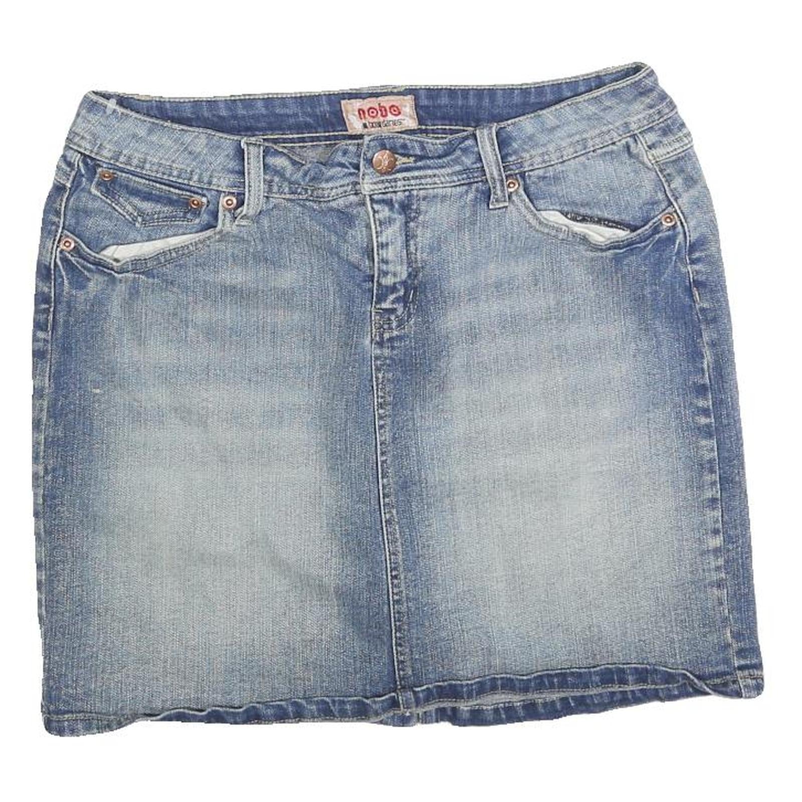 NO BOUNDARIES Womens Blue Denim Mini Cotton Blend Skirt L Casual Pocketed