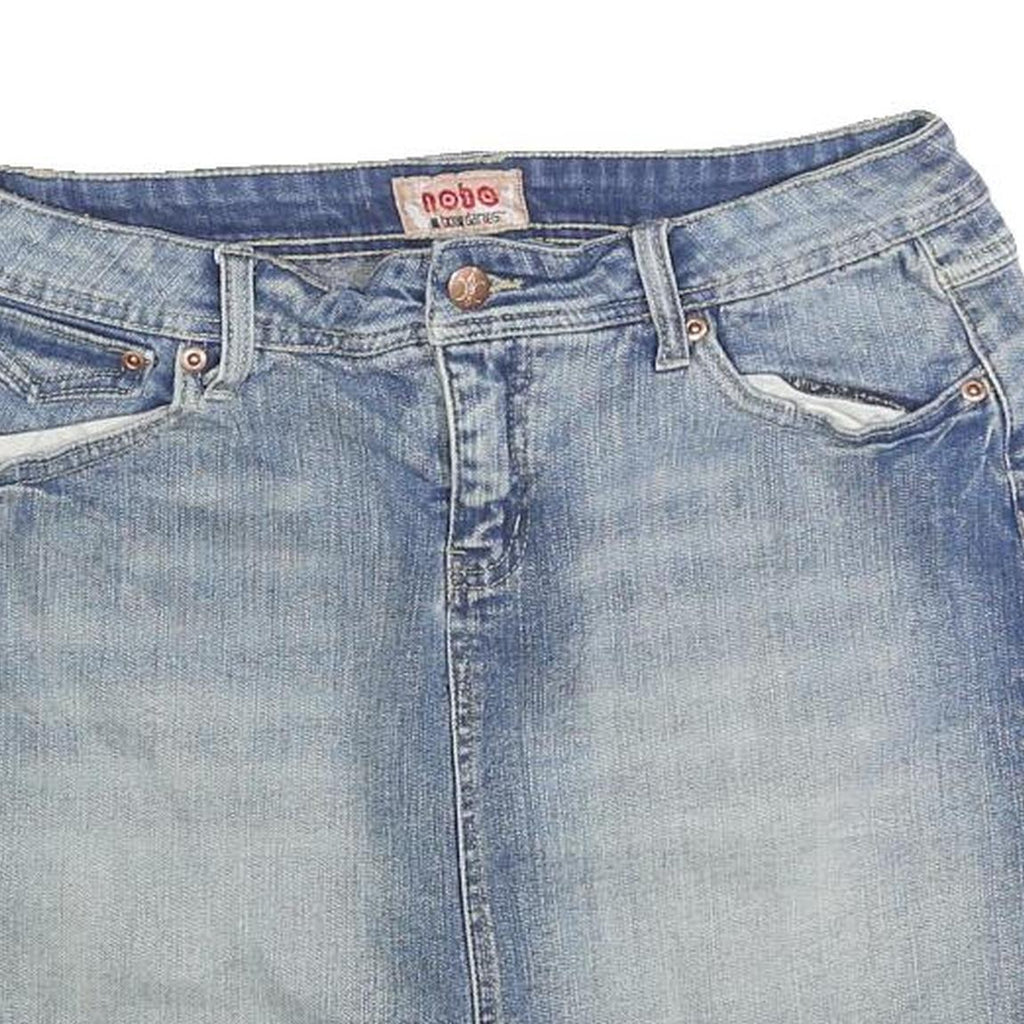 NO BOUNDARIES Womens Blue Denim Mini Cotton Blend Skirt L Casual Pocketed