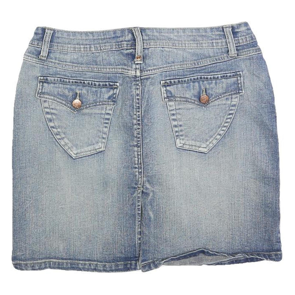 NO BOUNDARIES Womens Blue Denim Mini Cotton Blend Skirt L Casual Pocketed
