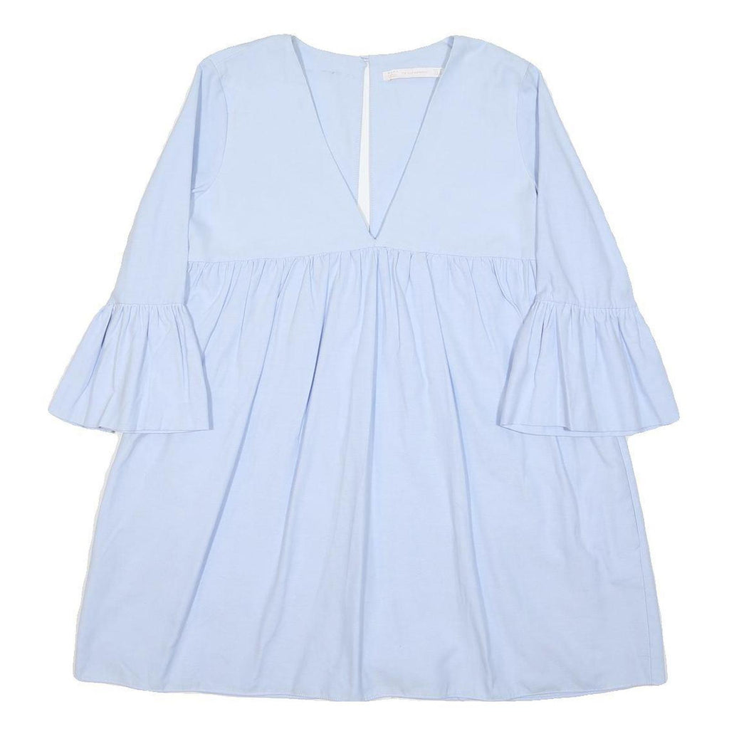 ZARA Womens Blue Cotton Blend Day Dress V-Neck Short Sleeve S Light Blue Casual