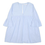 ZARA Womens Blue Cotton Blend Day Dress V-Neck Short Sleeve S Light Blue Casual