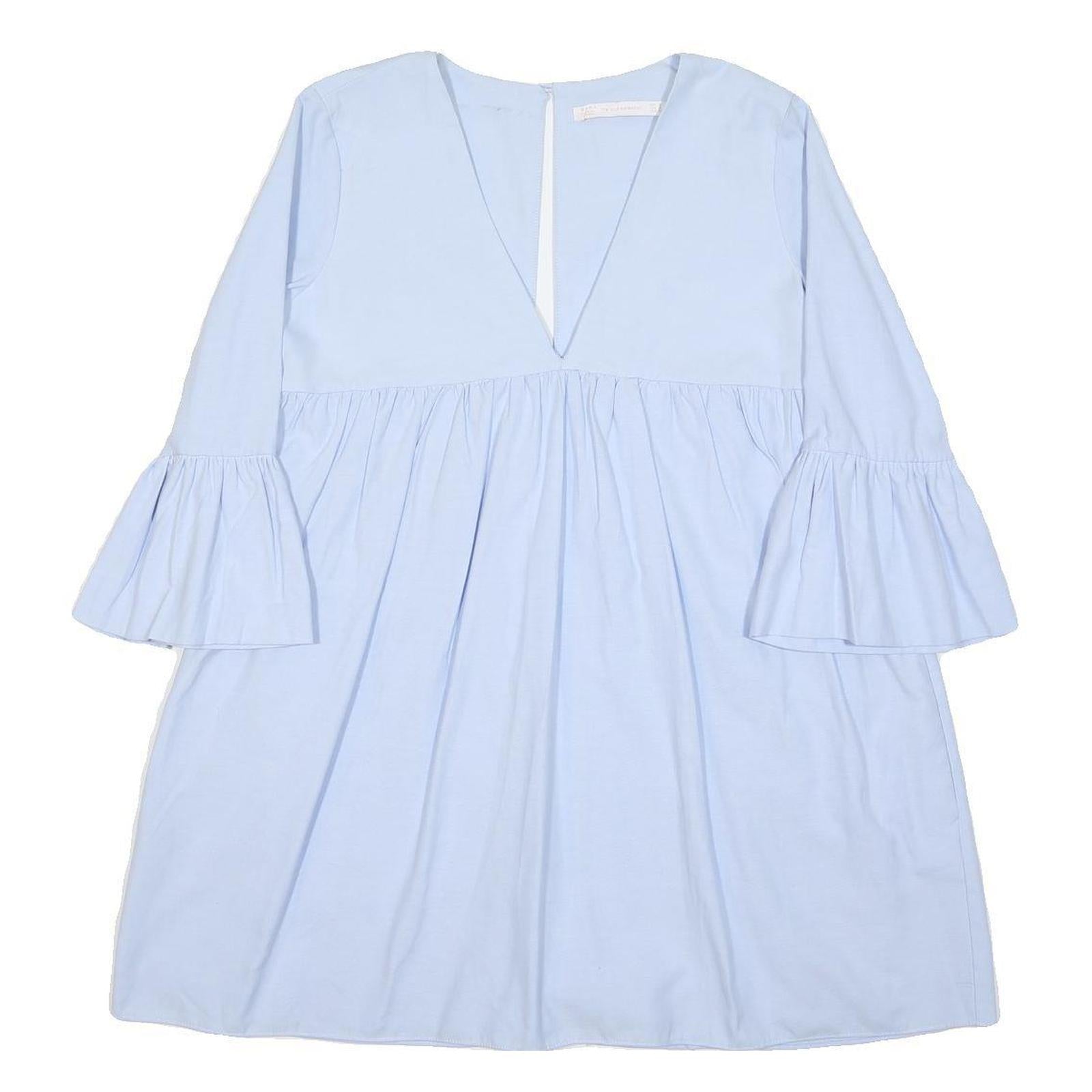 ZARA Womens Blue Cotton Blend Day Dress V-Neck Short Sleeve S Light Blue Casual
