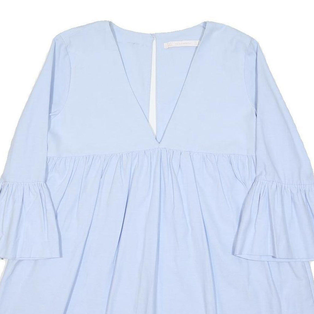 ZARA Womens Blue Cotton Blend Day Dress V-Neck Short Sleeve S Light Blue Casual